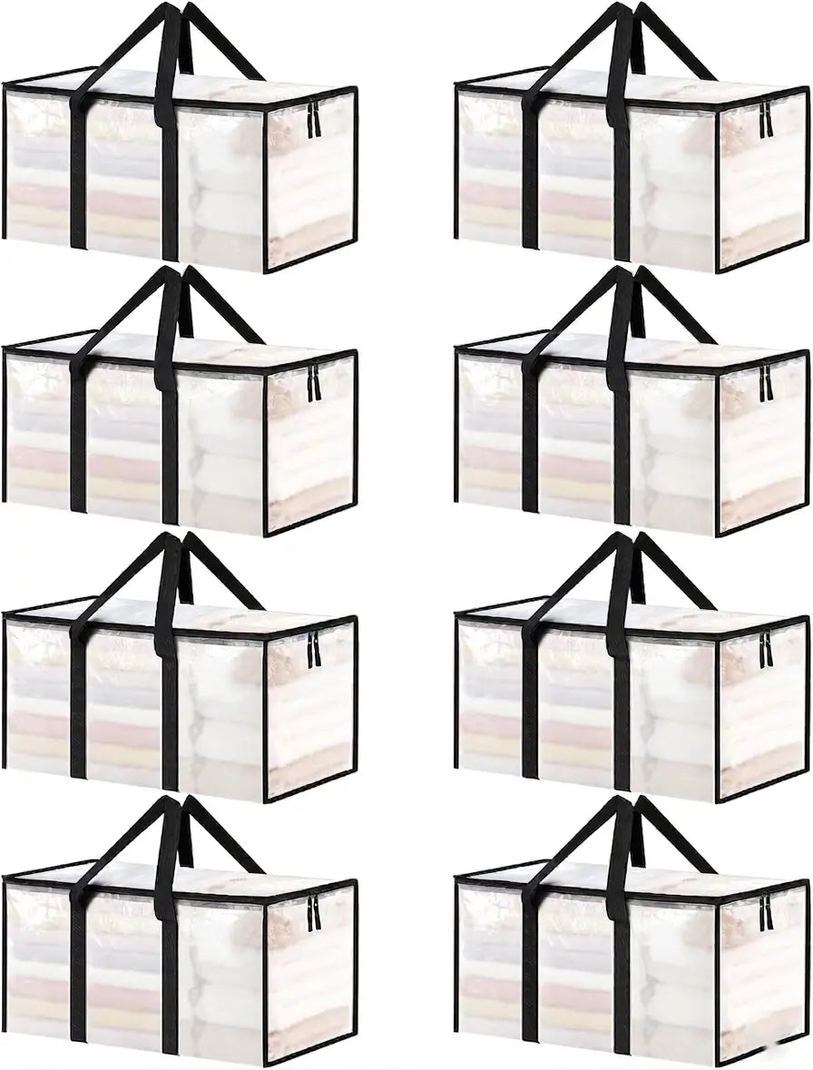 8 Pack Extra Large Heavy-Duty Moving & Storage Bags, Clear Plastic Waterproof Totes with Lids, Reinforced Handles & Heavy-Duty Zippers for Clothes Packing, Dorms, Home Organization