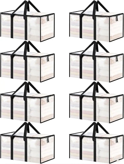8 Pack Extra Large Heavy-Duty Moving & Storage Bags, Clear Plastic Waterproof Totes with Lids, Reinforced Handles & Heavy-Duty Zippers for Clothes Packing, Dorms, Home Organization