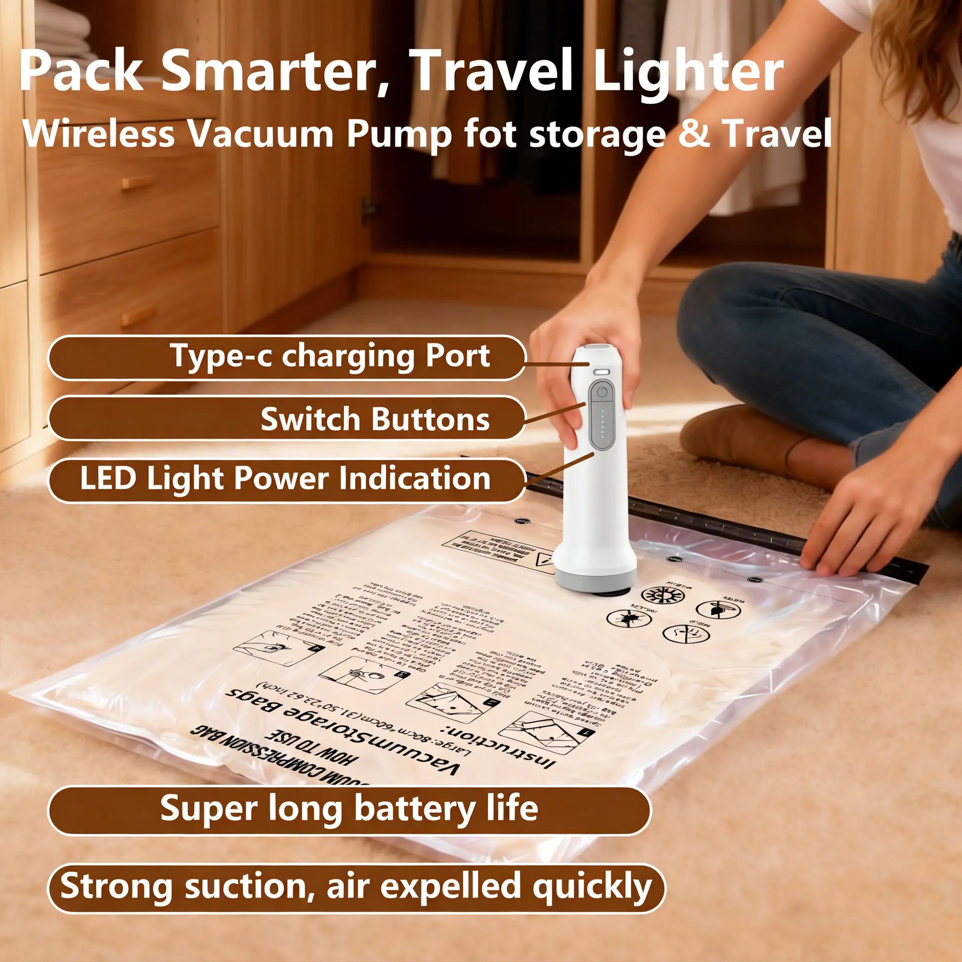 Snofrid Cordless Travel Vacuum Storage Compression Bag Set – 15-Pack in 3 Sizes – USB Rechargeable Handheld Pump with Built-In Battery – Waterproof & Reusable Space Saver for Clothes & Packing, Perfect for Carry-On Suitcases