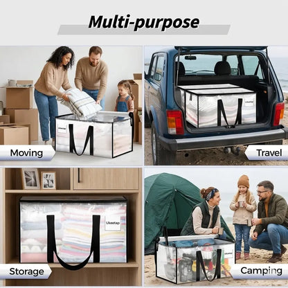8 Pack Extra Large Heavy-Duty Moving & Storage Bags, Clear Plastic Waterproof Totes with Lids, Reinforced Handles & Heavy-Duty Zippers for Clothes Packing, Dorms, Home Organization