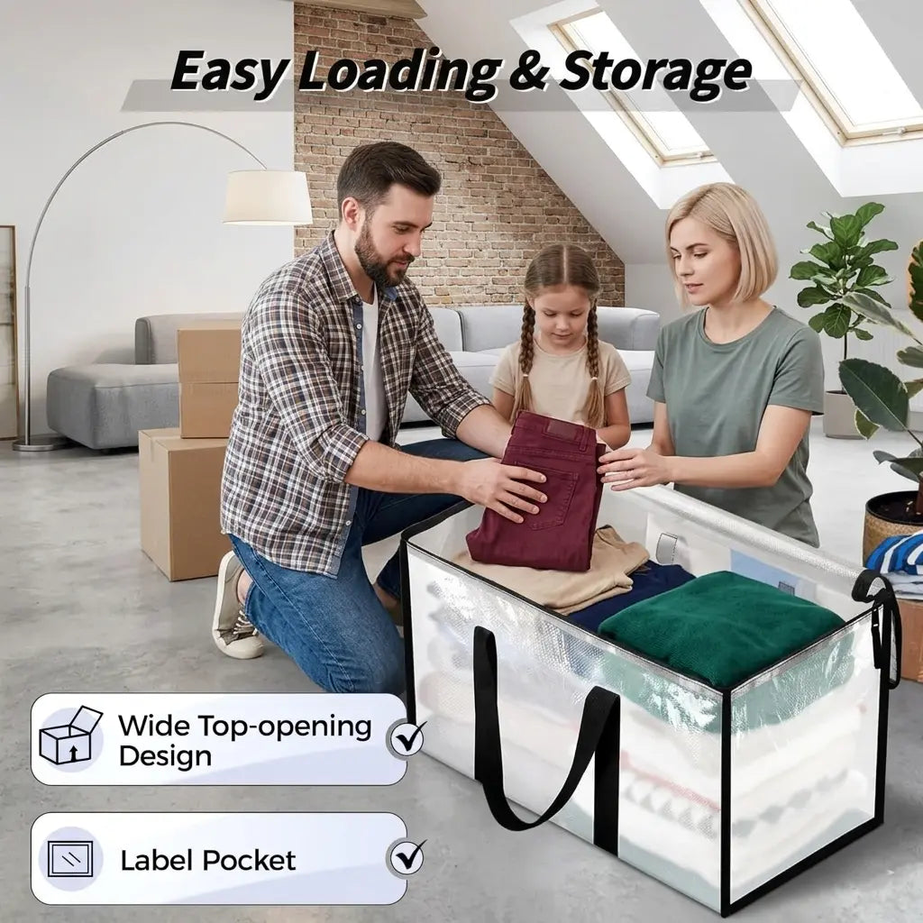 8 Pack Extra Large Heavy-Duty Moving & Storage Bags, Clear Plastic Waterproof Totes with Lids, Reinforced Handles & Heavy-Duty Zippers for Clothes Packing, Dorms, Home Organization