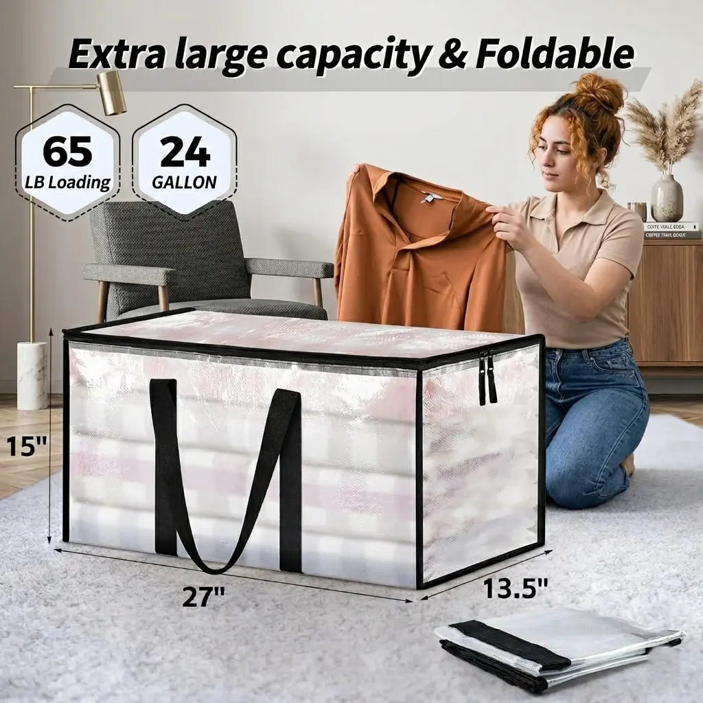 8 Pack Extra Large Heavy-Duty Moving & Storage Bags, Clear Plastic Waterproof Totes with Lids, Reinforced Handles & Heavy-Duty Zippers for Clothes Packing, Dorms, Home Organization